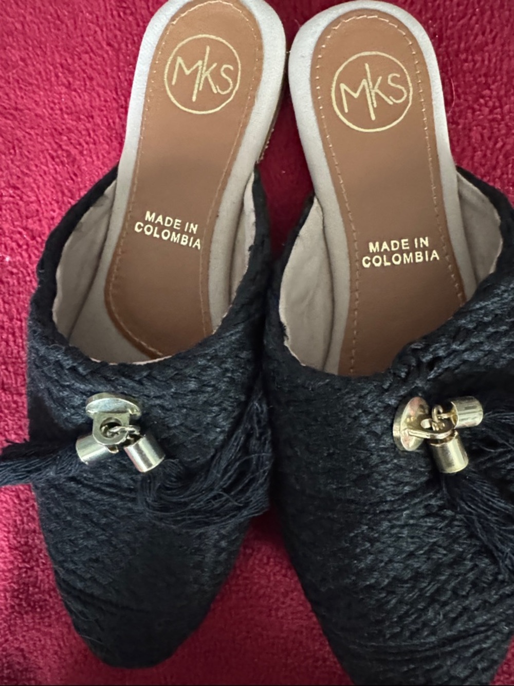 Black Woven Tassel Mules with Gold Accents